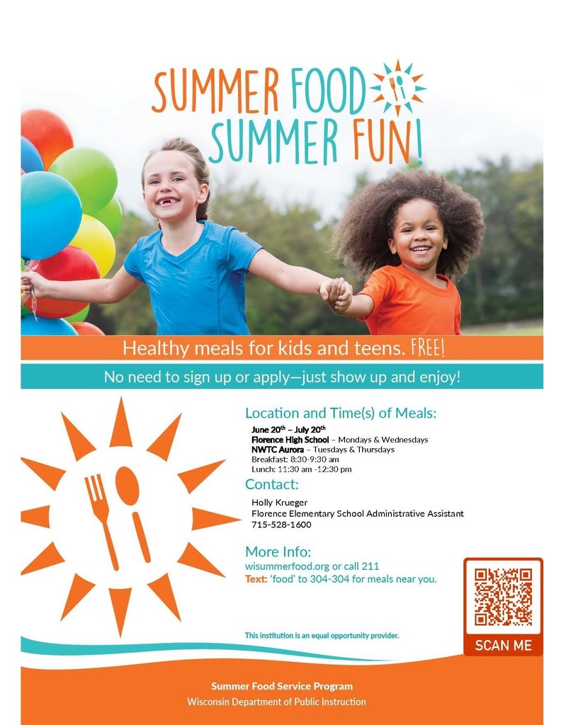 Free Summer Lunch Program M-Th June 20th - July 28th, 2022. Monday & Wednesday in Florence at FHS Cafeteria and T&Th in Aurora at Woodland Center Breakfast from 8:30-9:30 and Lunch from 11:30-12:30. Free to anyone 18 and under.