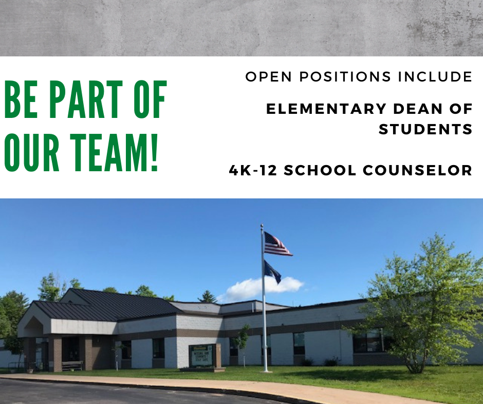 Be part of our Team! Open postitions include, Elementary Dean of Students, 4k-12 counselor